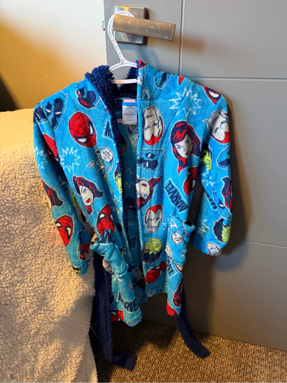 Marvel Kids Bright Blue Hooded Fleece Robe with Multicolor Superhero Faces
